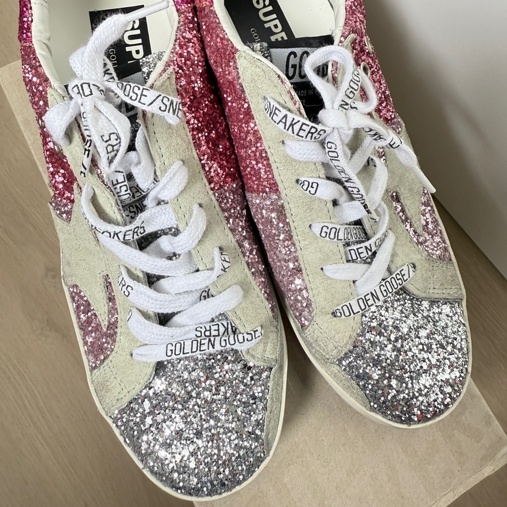 Golden Goose Super-Star Pink and Silver Glitter Sneakers